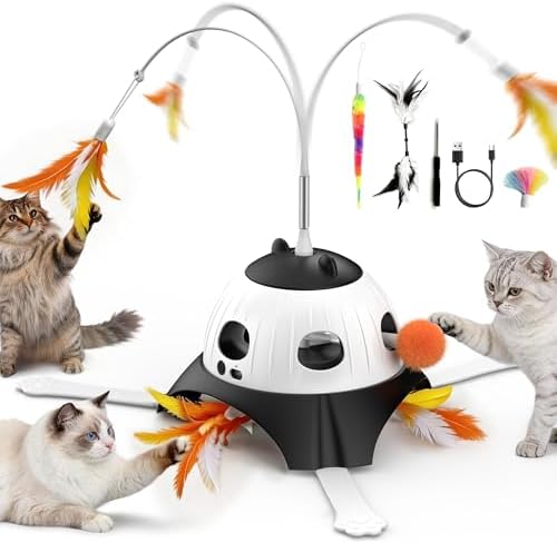 Casfuy 3-in-1 Interactive Whack-a-Mole & Rotating Feather Wand Cat Chasers Toy with Plush Tail, Black