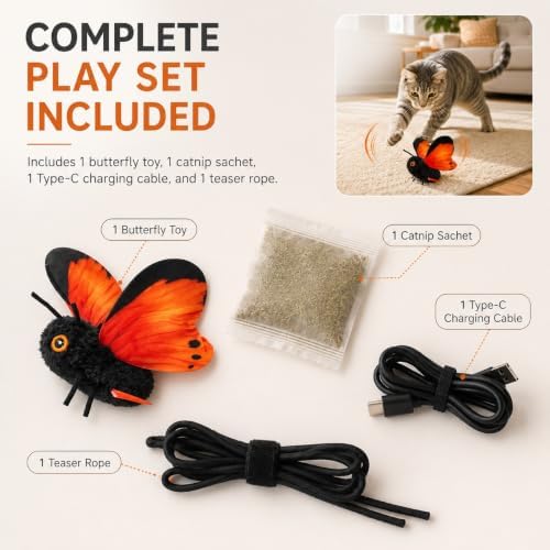 Smart Sensing Flapping Butterfly Toy, Rechargeable Interactive Cat Toy，Blue