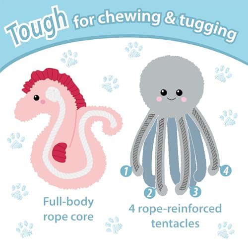 PetLike Plush Sea Animals Toys with Squeaker and Rope,Interactive and Adorable Dog Chew Toys for Medium Large Dogs Biting Training Teething (Pink Seahorse+Grey Octopus)