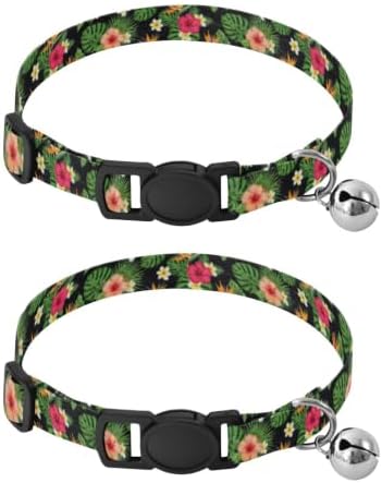 2 Pack Small Dog Collar Tropical Flowers Hibiscus Kitten Collar with Bell, Adjustable 10.6 to 17.1 Inches