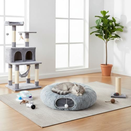AUOON Plush Cat Tunnel Bed for Indoor Cats, 36" L x 36" W x 11.5" H, Gray