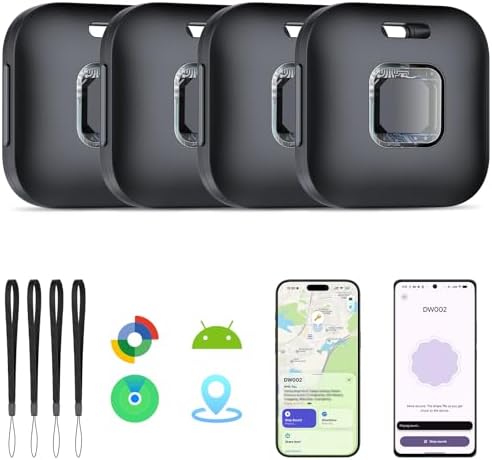 Hoxe Air Tracker Tags-4 Pack for iOS & Android, Smart Tag for Key, Bag, Pet | Dual System Luggage Tracker Compatible with Apple Find My & Google Find Hub App, Bluetooth Key Finder Replaceable Battery