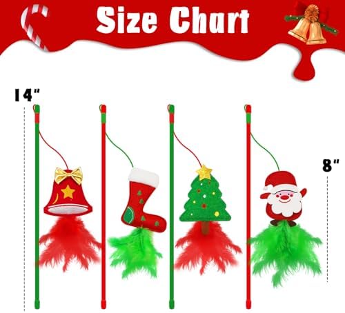 Christmas Cat Toys，4 Pack Cat Wand Toys for Indoor Cats Gifts with Catnip and Feathers, Wand for Cats and Kitten