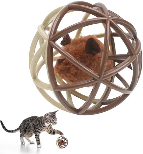 Squeaky Mouse Ball Cat Toy with Simulated Sound, Mouse Inside Cage, Squeky Balls for Cats to Play with Indoor, Squeak Interactive Plastic Funny Toys Best for Chewing Training Playing Chasing (Beige)