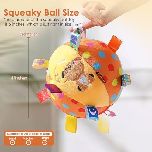 Letalong Dog Squeaky Plush Toy with Straps, 6-Inch Soft Stuffed Ball with Cotton Material and Bell Built-in, Pet Interactive Fetch Toy for Small to Large Dog