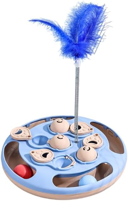 Cat Puzzle Toys,3 in 1 Cat Slow Feeder with Feather Teaser,Treat Dispenser,Balls Track,IQ Training and Mental Stimulating Enrichment Toys for Indoor Cats Interactive,Kitty Gift,Blue