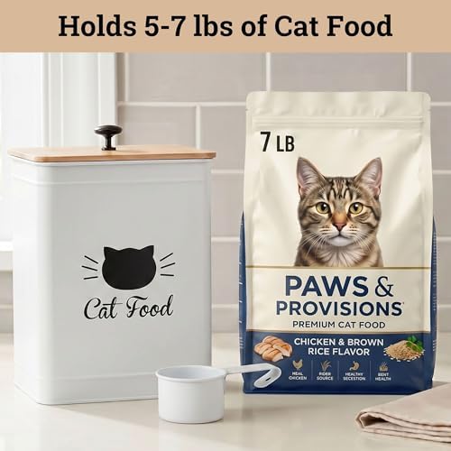 Metal Cat Food Container with Scoop 5-7 lb (25 Cup), w/ Airtight Bamboo Lid