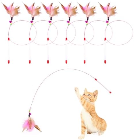 6 Pack Cat Feather Toy, Cat Toys Wand, Interactive Pet Cat Kitten Chaser Teaser Wire Wand with Bell Beads for Cat Exercise Play Fun Gifts - Wholesale