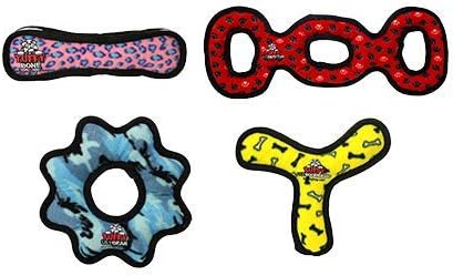TUFFY® 4 Pack 3Way Tug Gear Ring Bone Boomerang Plush Dog Toys