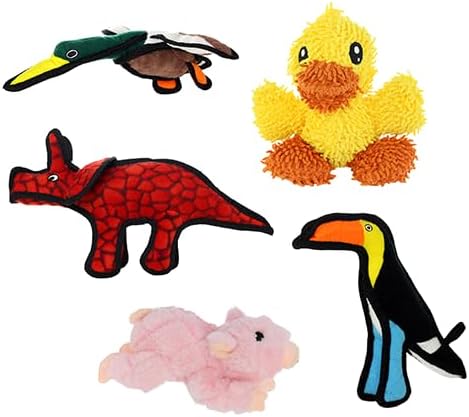 TUFFY®5 Pack Jr Duck, Microfiber Duck, Triceratops, Toucan & Piggy Dog Toys