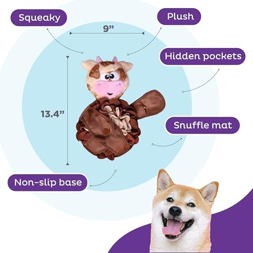 Outward Hound Nina Ottosson Snuffle Palz Squeaky Dog Toy, Cow, 13.4" | Plush Snuffle Mat, Hidden Treat Pockets, Slow Feeder, Interactive Foraging, Non-Slip Base, Dogs & Puppies