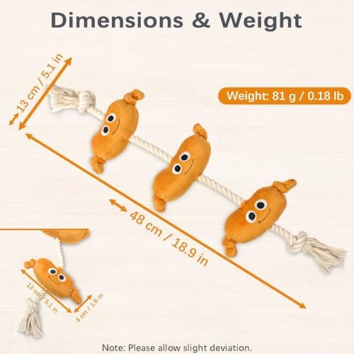 Orange Sausage Dog Rope Toy, Squeaky Plush Tug for Small Medium Dogs