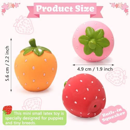 Squeaky Dog Toys Strawberry, 2 inch Latex Interactive Chew Toy for Teething Puppies Small/Tiny Dogs Breeds Entertainment