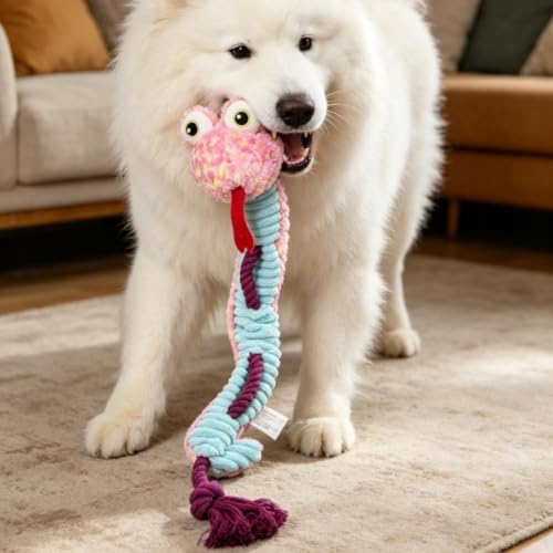 Dog Rope Toy Plush Squeaky Chew Tug of War Toy - Pink Snake