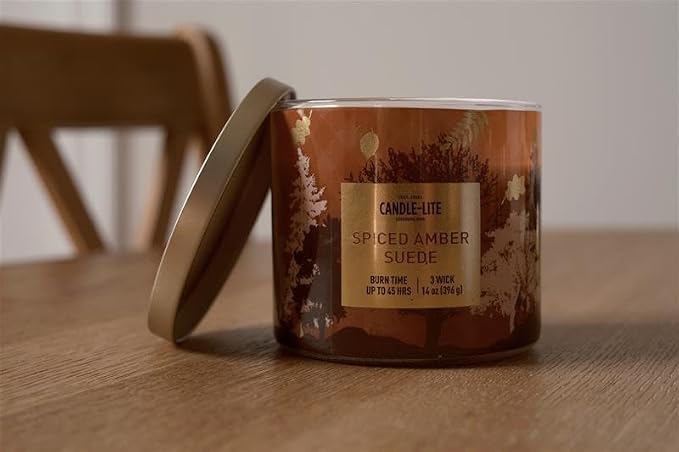 Candle-lite Fall Scented Candles, Amber with Leathered Musk and Spiced Cardamom, 14 oz 3-Wick Jar Candle, Proudly Poured in USA, Autumn Home Decor, 45 Hours of Burn Time, Ideal Gift for Men and Women