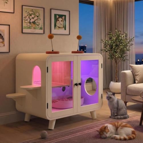 Smart Cat Litter Box Enclosure with RGB LED Light，TV-Style Cat Cabinet with Transparent Doors,Side Steps,Pom-Pom Toys,Indoor Pet House for Living Room,Bedroom(30.7"*23.6"*28",Beige)