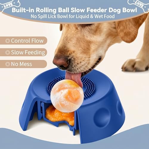 Anti-Choking Slow Feeder Dog Bowl, Interactive Lick Pad with Spinning Ball to Stop Boredom & Separation Anxiety, Food-Grade Silicone Lick Treat Toy for All Breeds Puppies to Large Dogs (Blue)