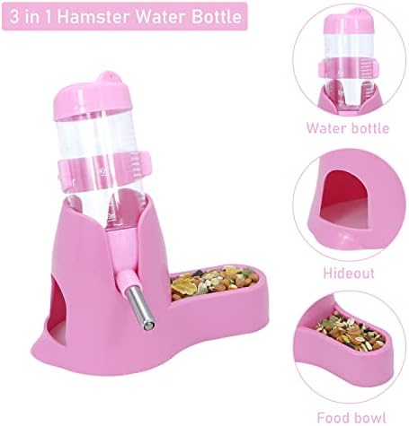 Wontee 3 in 1 Hamster Water Bottle with Food Bowl Hideout Base, 80ML, Pink