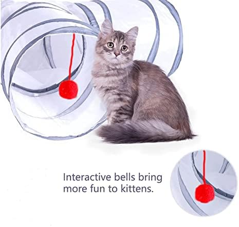 Cat Tunnel, Collapsible Tube with 1 Play Ball Toys, 3 Ways Tunnels for Indoor Cats, Puppy, Kitty, Kitten, Rabbit (White and Gray)