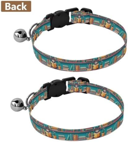 Cats Books Colorful Bookshelves Collar for Puppy, 2 Pack Decorative Pet Collar with Bell