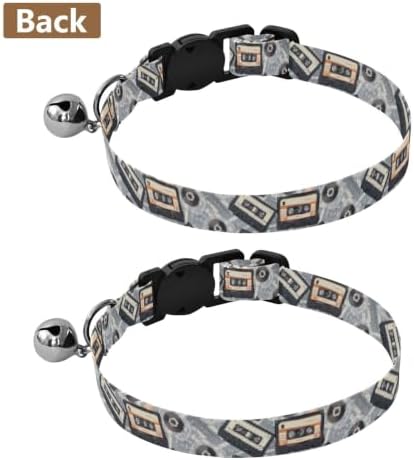 2 Pack Cat Collar Retro Cassette Tapes Black Dog Collar with Bell, Adjustable Length 10.6" to 17.1"