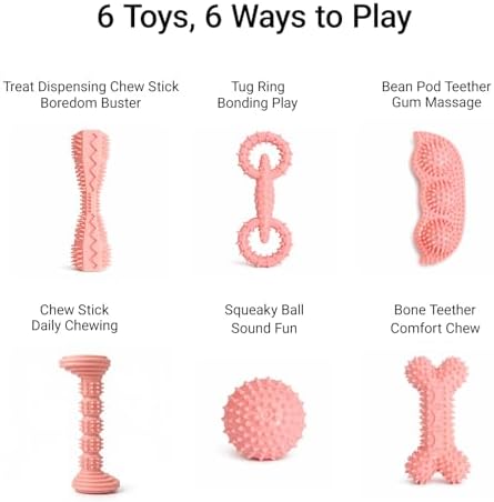 Puppy Chew Toys 6 Pack, Soft TPR Teething Set for Small Dogs, Pink