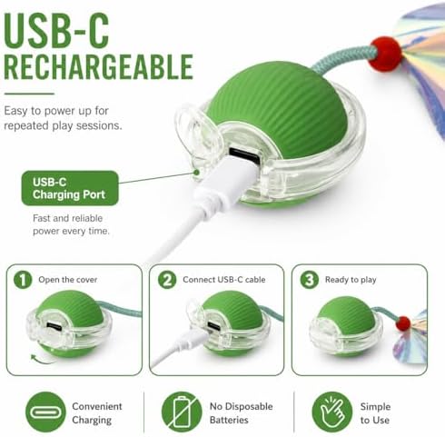 Interactive Cat Toy Ball with LED Lights – USB-C Rechargeable Automatic Cat Toy with Feather Tail for Indoor Cats & Kittens, Upgraded Version