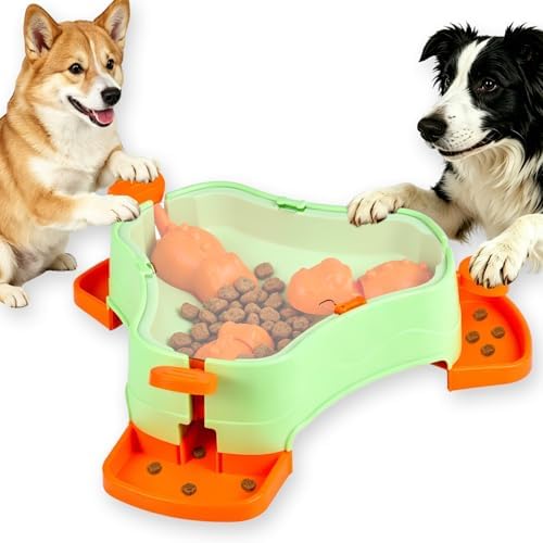 Dog Cat Treat Dispenser Slow Feeder Toy, 3-in-1 Interactive Dog Puzzle Press Toys, Dog Enrichment Toy No-Slip Interactive Brain Training Toys for Smart Dog Cats (Green/Orange)
