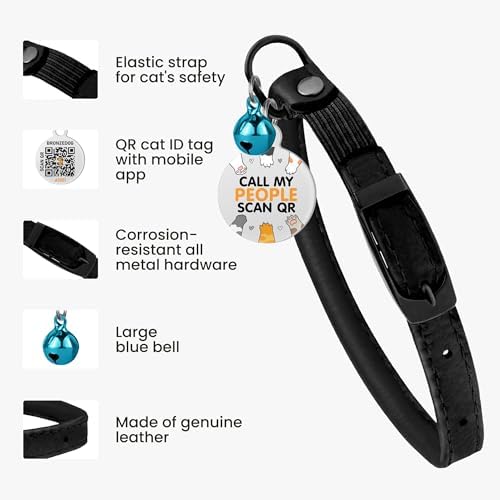 BRONZEDOG Cat Collar with Bell Kitten Rolled Leather Collars Safety QR ID Name Tag (Black Midnight)