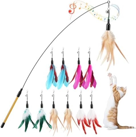 Pawaboo Cat Feather Wand Interactive Toy, 10 Feathers + 1 Wand with Bell