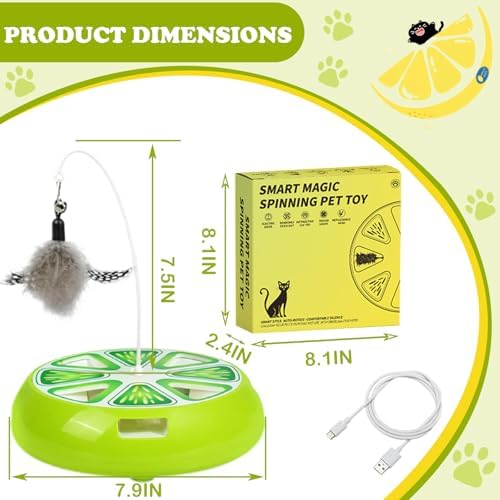 Puffluv Interactive Cat Toy,2 in 1Fruite Shape Toys with Electric Moving Concealed and Hanging Feathers Pop and Play Hide Seek, Hunting Tpye-C Rechargeable-Green Lime