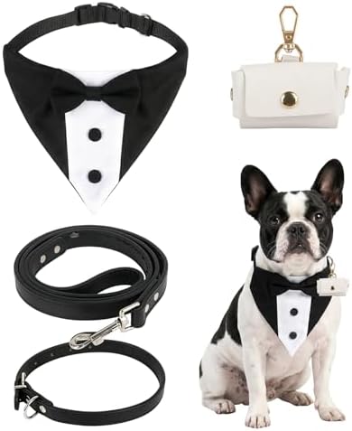 4PCS Dog Wedding Collar Outfit with Dog Tuxedo Leash Collar Ring Bearer Box, Dog Wedding Costume Ring Holder for Medium Large Dogs