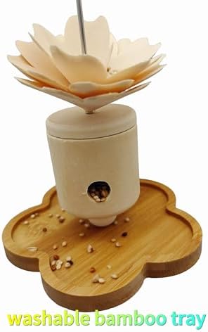 Bird Foraging Toy Set, Bamboo Feeding Station with Flower Treat Dispenser, Stainless Steel Skewers, Wood Construction, 9x5.5x2 Inches, for Small and Medium Parrots
