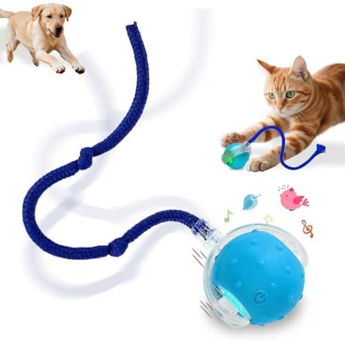 Interactive Cat Toys Smart Ball for Cats & Dogs! Now with 2 Rapid Tails. Features: 360°Auto-Rolling, Motion Activation& Bird Sounds. Perfect for Indoor Pet Exercise & Fun. (Blue)