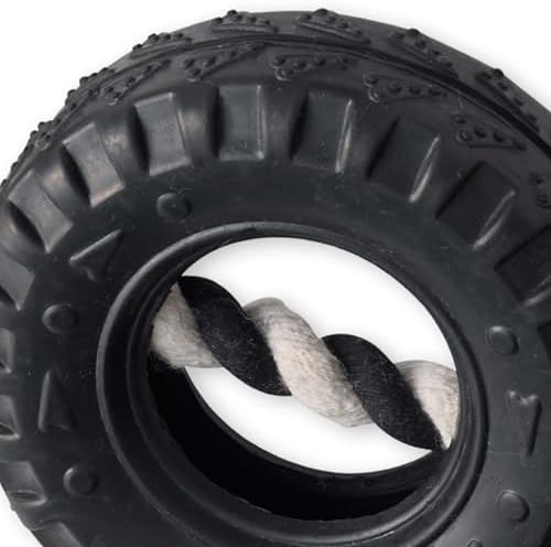 Pet Passion Natural Rubber Tire and Organic Cotton Rope Pull and Chew Dog Toy for All Pet Breeds, Black, Medium