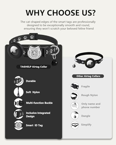 Cat Collar with AirTag Holder, QR Code Tag and Bell (Purple, Paw)