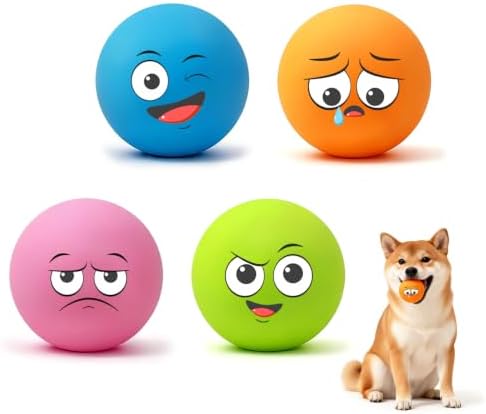 Squeaky Balls for Small Dogs, 2.4" Soft Latex Squeaky Dog Ball Toys, Emoji Smile Face Rubber Bouncy Balls, Puppy Teething Chew Toys for Small & Medium Dogs (2.4"-Pack A)
