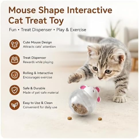Beige Mouse Cat Treat Toy, Interactive Food Dispenser Chew Plaything