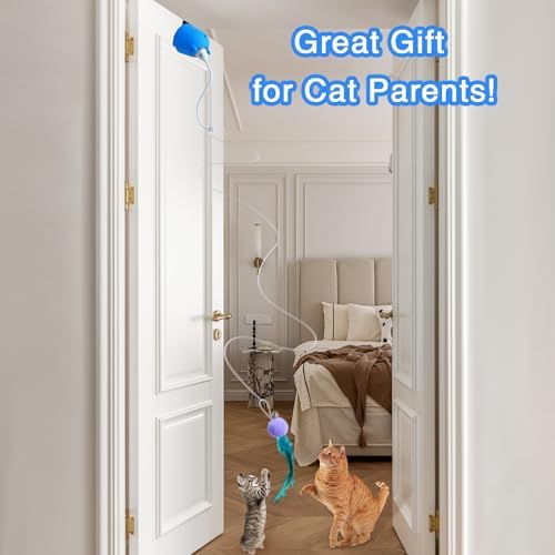 Cat Toys Interactive for Indoor Cats, Rechargeable Toy Hanging Door Electric with 4pcs Feathers Toys for Bored Kittens (Blue)