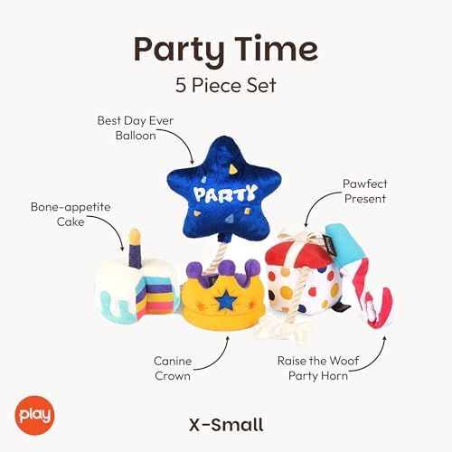 P.L.A.Y. Cute Plush Dog Toys - Birthday Party Celebration Themed Durable Squeaker Chew Toys, for Puppies & Small, Medium, Large Dogs - Machine Washable, Recycled Materials (5 Piece Set, X-Small)
