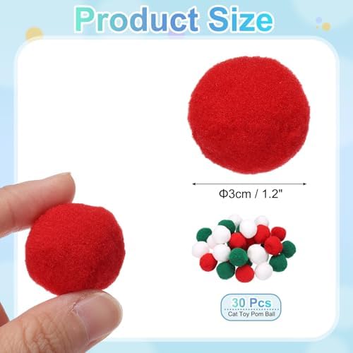Cat Toy Pom Ball, Interactive Cat Ball Toys Fuzzy Pompoms (Plush, 1.2Inch, 30Pcs, Christmas Colors) for Kittens Pet Enrichment Training Play Indoor