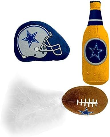 Best Plush CAT Toy - NFL Dallas Cowboys Complete Set of 3 piece Cat Toys Filled with Fresh Catnip. Includes: 1 Helmet Cat Toy, 1 Football Cat Toy with Feathers & 1 Beer Bottle. Beautiful Team Logos
