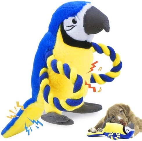 Upgraded Dog Squeak Toys Tug of War Squeaky Parrot Dog Toys with Strong Pull Rope, Superior Crinkle Paper and Big Squeaker Interactive Plush Bird Chew Toys for Small, Medium, and Large Dogs