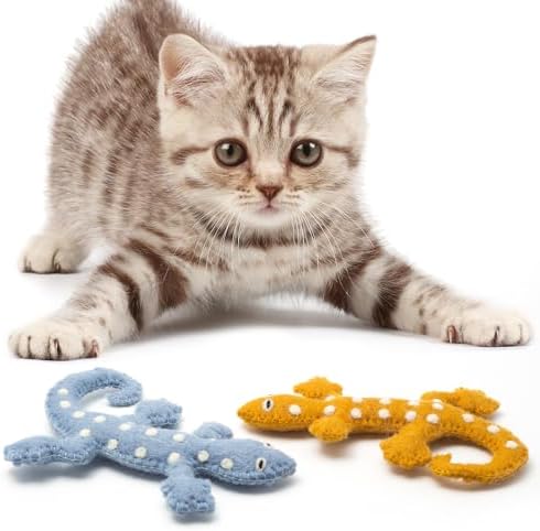 Glaciart One Felt Lizard Cat Toy – 2 Pcs | Soft Fuzzy Enrichment 100% Natural Wool - Interactive Catnip Play Cat Toy Set - Safe for Pets, Non-AZO Colored Dyes