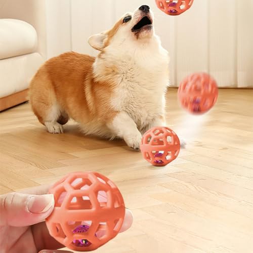 Dog Chew Toys with Bell Sound, 3 Rubber Bouncy Ball for Medium/Large Dogs, Interactive Fetch Ball Teeth Cleaning&Training, Hollow Design with Internal Bells (Orange)