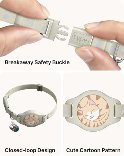 Cat Tracker Collar - Waterproof Airtag Cat Collar with Finder Tag, Khaki | Compatible with Apple Find My (iOS ONLY), Breakaway Tractive Design with Reflective Pattern & Bell (Not for Android Devices)