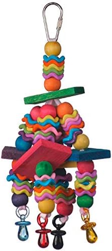 Super Bird Creations SB736 Wiggles and Wafers Bird Toy - Interactive Enrichment for Parrots, Quakers, Caiques, Pionus, Senegals - Wooden, Acrylic Beads, Pacifiers - Medium Bird Size, 3” x 5” x 9”