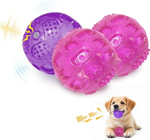 RICHIE Ultra Durable Squeaky Dog Balls 3 Inch for Large Medium Dogs, Tough Chew Toys for Aggressive Chewers, Floating Fetch Balls for Pool Play, Teeth Cleaning Dog Toys 3 Pack Red + Red + Purple
