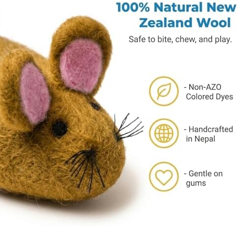 Glaciart One Felt Mouse Cat Toy – Soft Fuzzy Enrichment 100% Natural Wool - Interactive Catnip Play Cat Toy Set - Safe for Pets, Non-AZO Colored Dyes - 100” Long