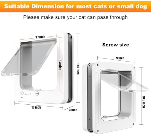 Smart Cat Door for Interior & Exterior, Cat Pet Door with 3 Collar Sensor Keys & 1 Remote Control & 4 Way Locking Cat Flap with RFID Collar Activated Opening SmartPetDoor(White)